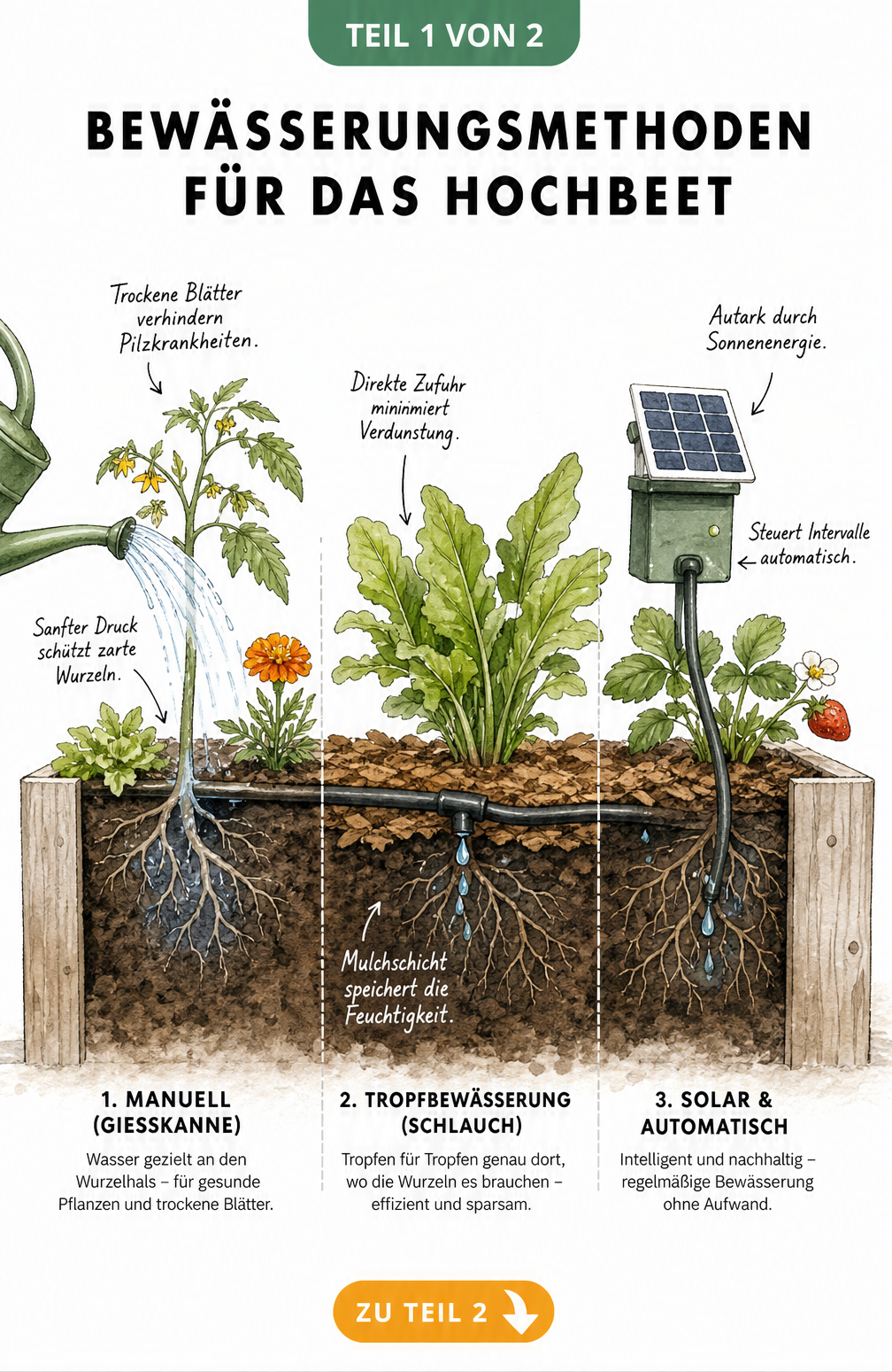 Querschnitt eines Hochbeets mit drei Bewässerungsmethoden: Gießkanne, Tropfschlauch und solarbetriebenes System.