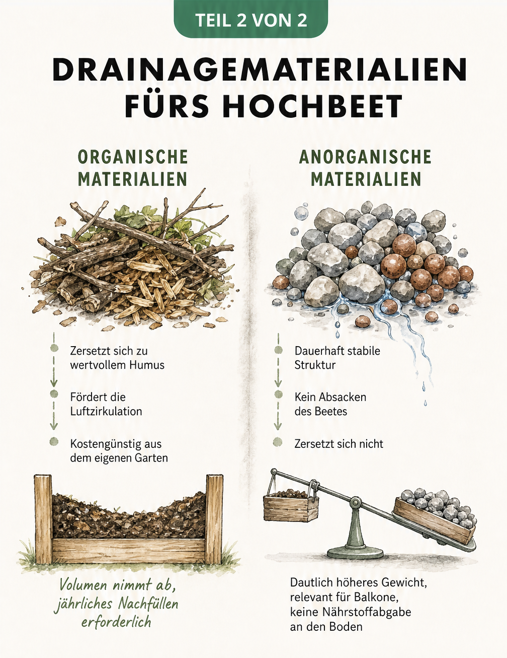 Vergleich von organischen und anorganischen Drainagematerialien für das Hochbeet