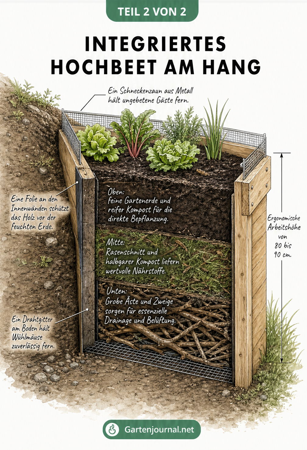 Querschnitt eines integrierten Hochbeets am Hang mit Holzrahmen, Drainageschicht, Kompost, Wühlmausgitter und Schneckenzaun
