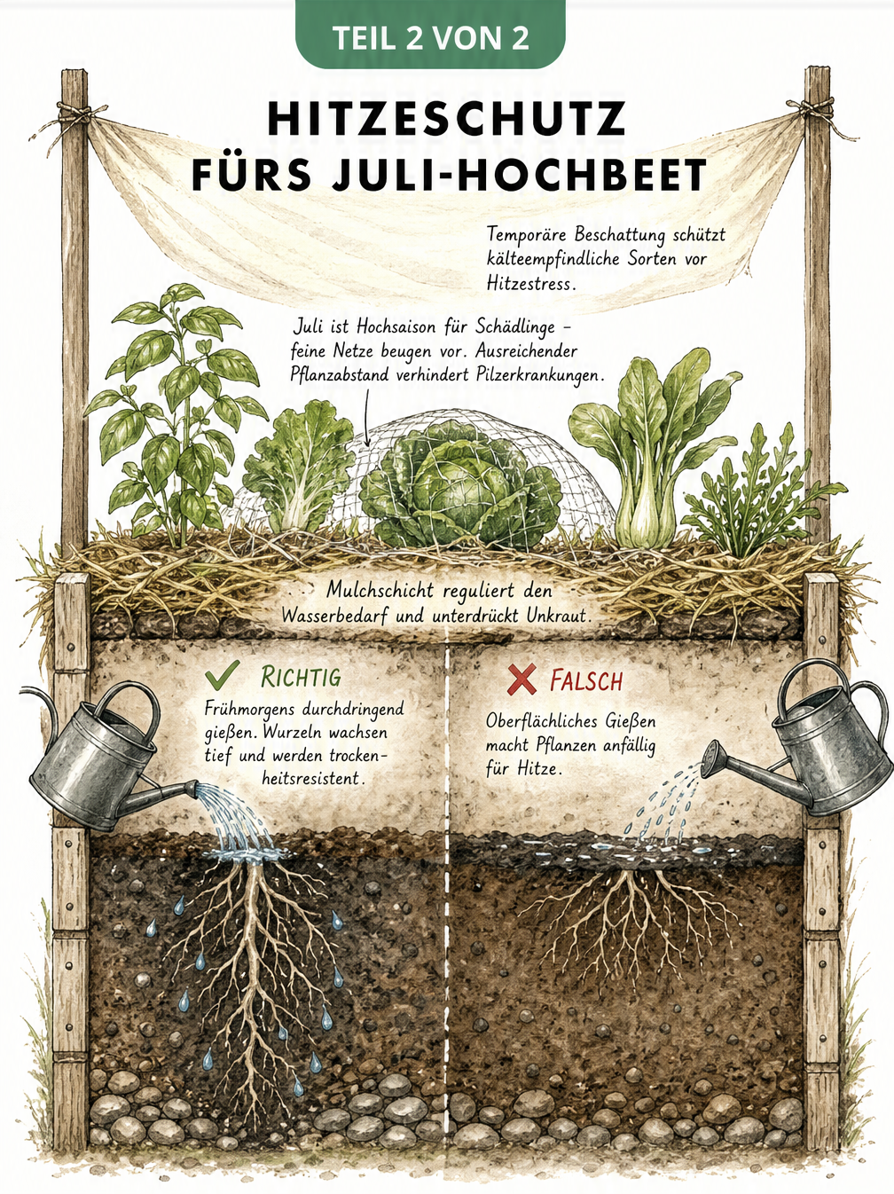 Querschnitt eines Hochbeets im Sommer mit Tipps zu Bewässerung, Mulchen und Hitzeschutz