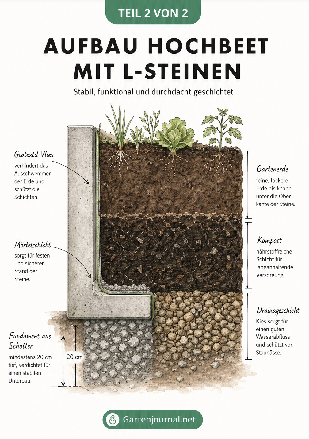 Querschnitt eines Hochbeets aus L-Steinen mit Fundament und Erdschichten