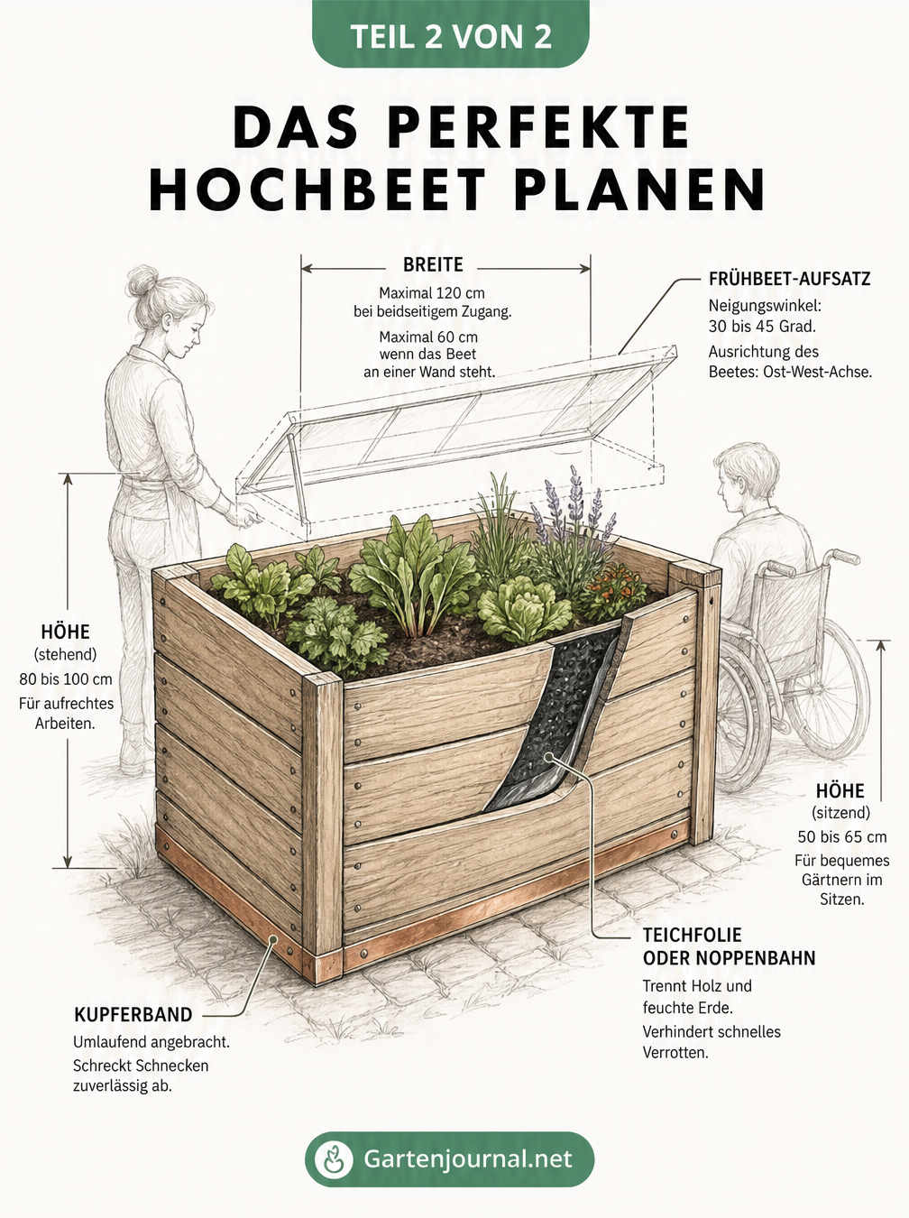 Skizze eines Hochbeets mit Maßangaben für stehendes und sitzendes Gärtnern, Frühbeet-Aufsatz und Schneckenschutz.