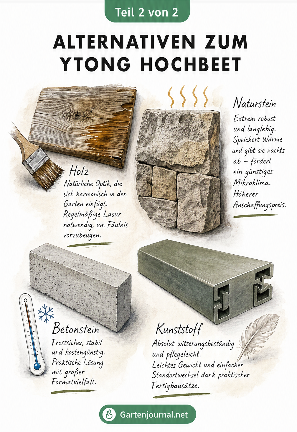 Material-Board mit Mustern von Holz, Naturstein, Betonstein und Kunststoff als Alternativen für den Hochbeetbau