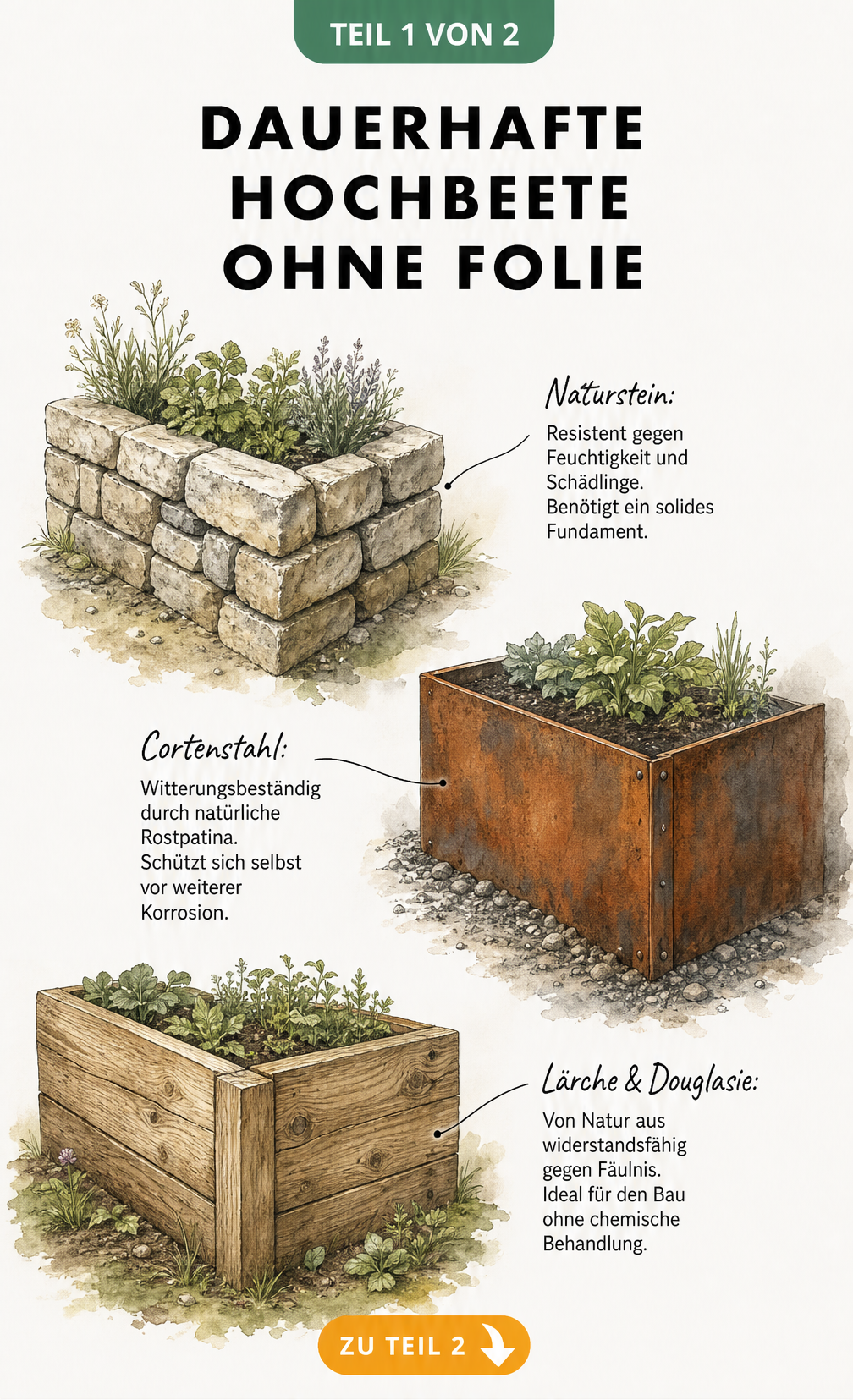 Isometrische Zeichnung von drei Hochbeet-Ecken aus Naturstein, Cortenstahl und Holz mit handschriftlichen Notizen