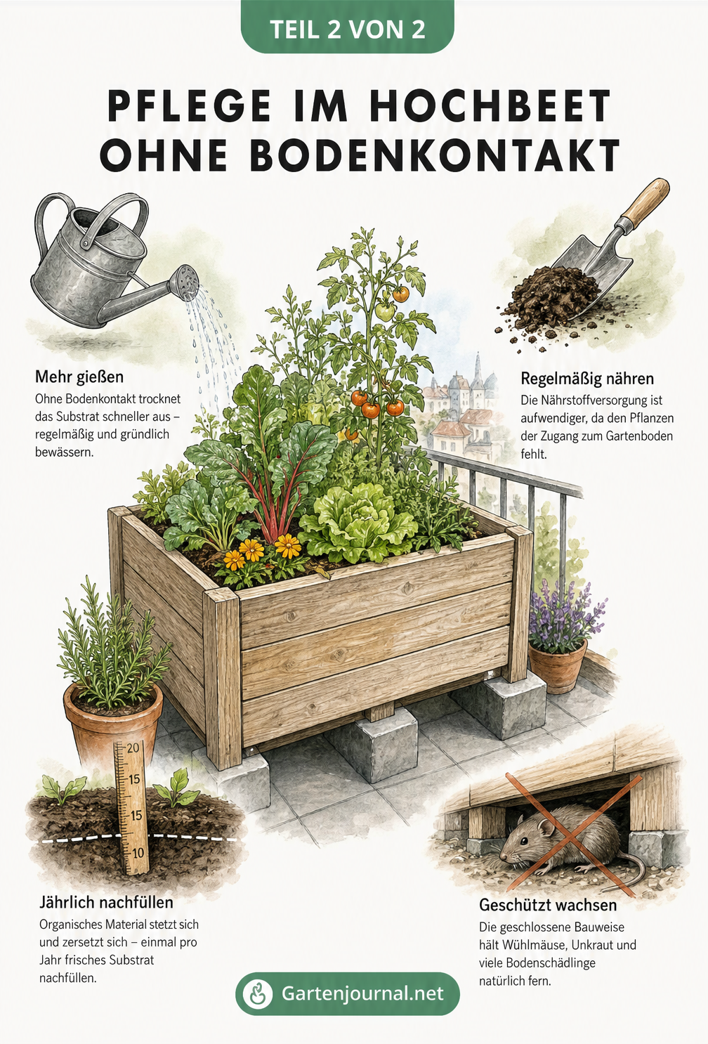 Illustration eines bepflanzten Hochbeets auf einem Balkon mit Hinweisen zu Gießen, Düngen, Erde nachfüllen und Wühlmausschutz