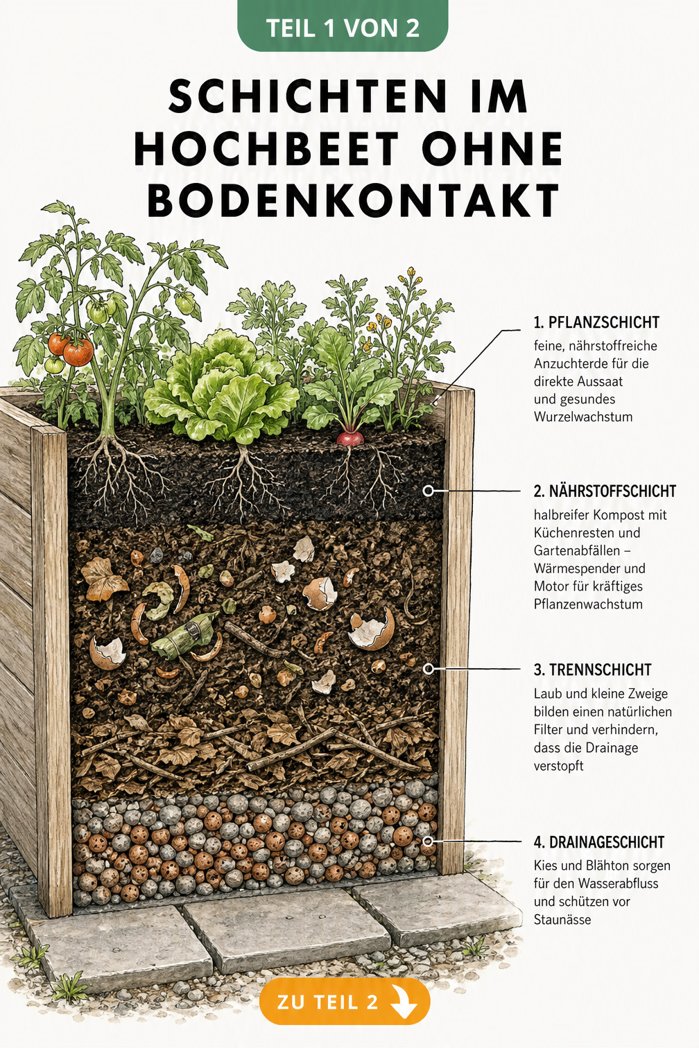 Schnittzeichnung eines Hochbeets ohne Bodenkontakt mit vier Schichten: Drainage, Trennschicht, Nährstoffschicht und Pflanzschicht