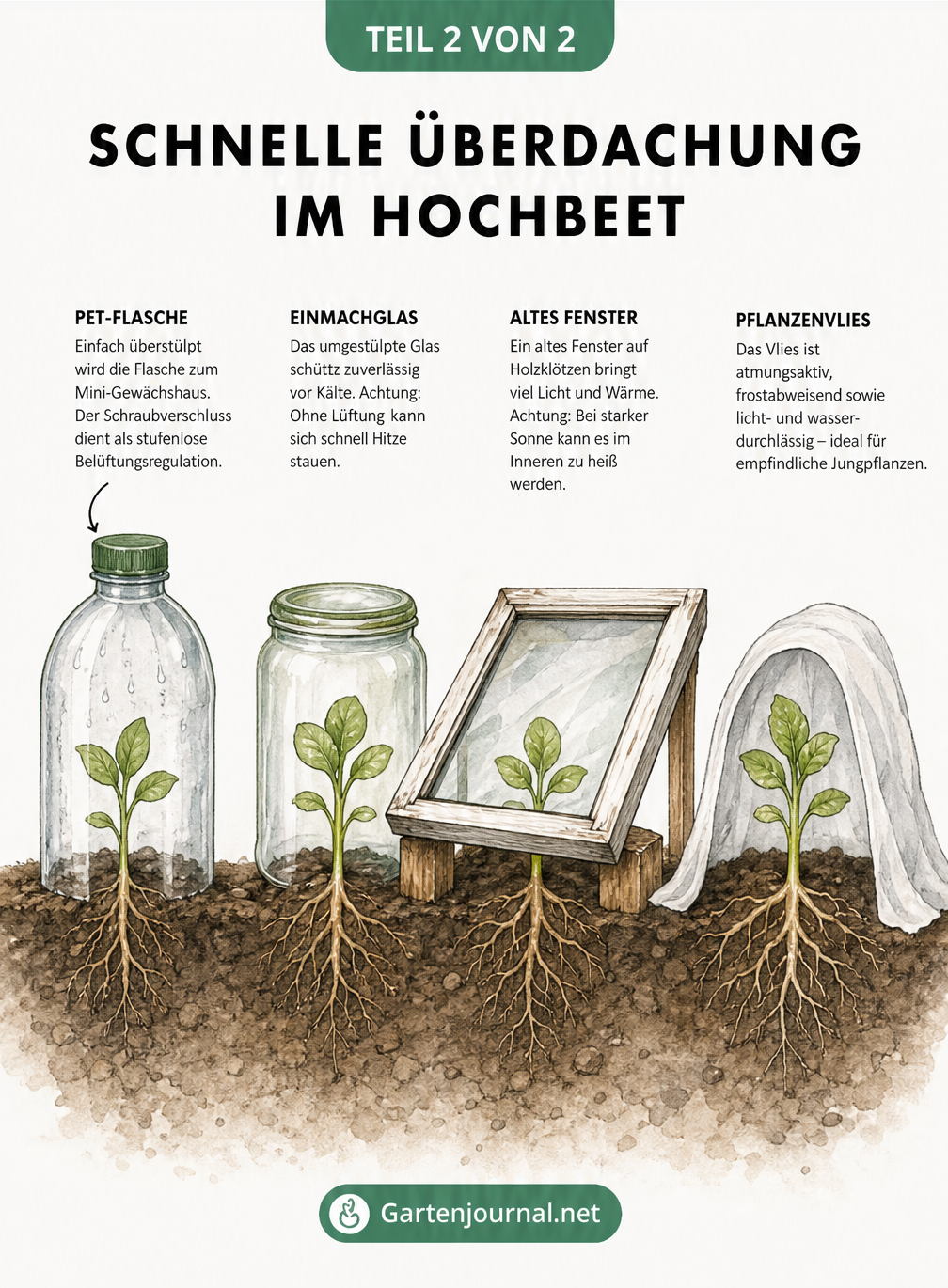 Illustration von vier jungen Gemüsepflanzen im Erdquerschnitt, geschützt durch PET-Flasche, Einmachglas, Holzfenster und Pflanzenvlies