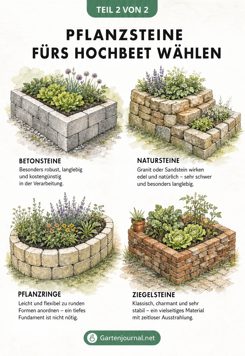 Vier verschiedene Garten-Dioramen mit Hochbeeten aus Betonsteinen, Natursteinen, Pflanzringen und Ziegelsteinen