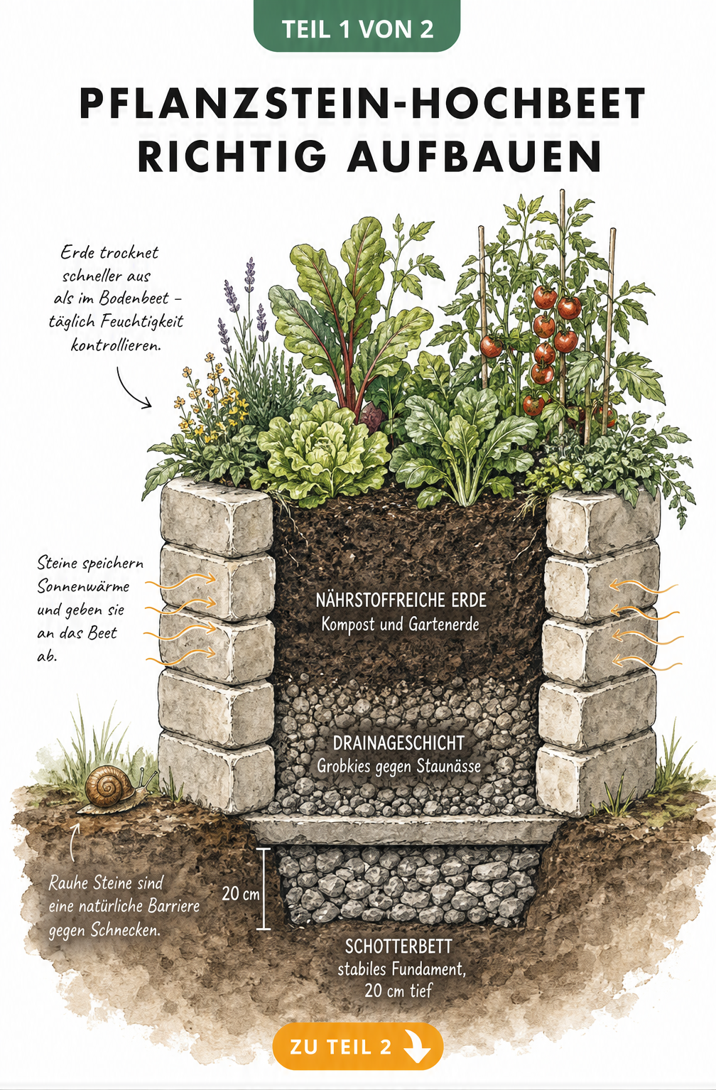 Querschnitt eines bepflanzten Hochbeets aus Pflanzsteinen mit Schotterfundament, Drainageschicht und Erdschicht
