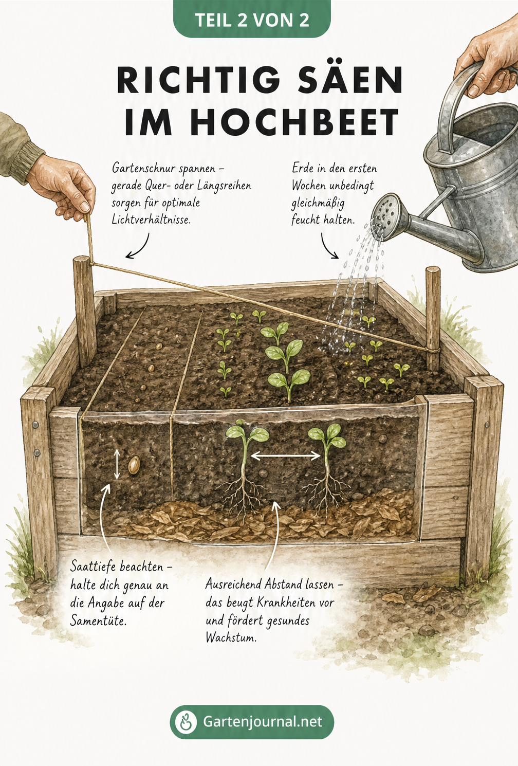 Isometrische Illustration eines Hochbeets mit Arbeitsschritten zum richtigen Säen, Saattiefe und Pflanzabstand