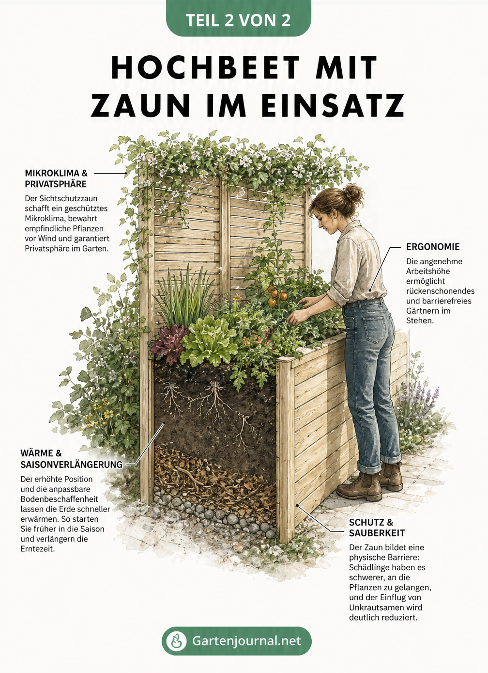 Aquarell-Illustration eines bepflanzten Hochbeets mit Sichtschutzzaun im Querschnitt