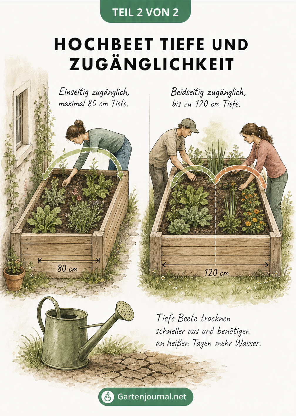 Illustration zur Greifweite bei einseitig und beidseitig zugänglichen Hochbeeten