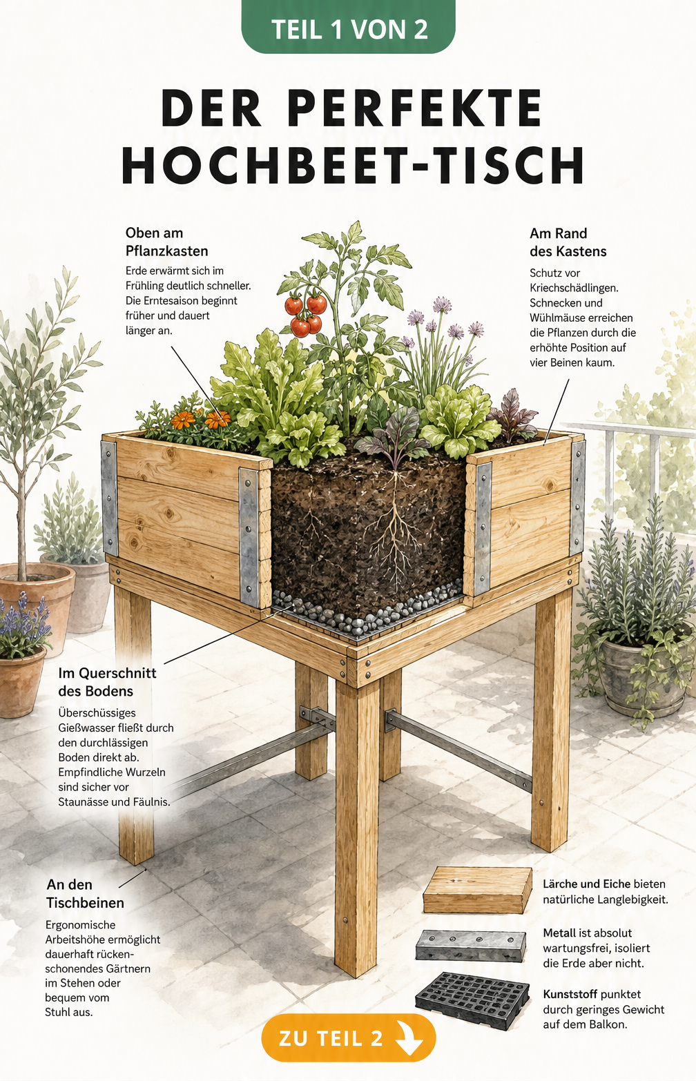 Illustration eines Hochbeet-Tisches im Querschnitt mit Erklärungen zu Aufbau, Ergonomie und Materialien