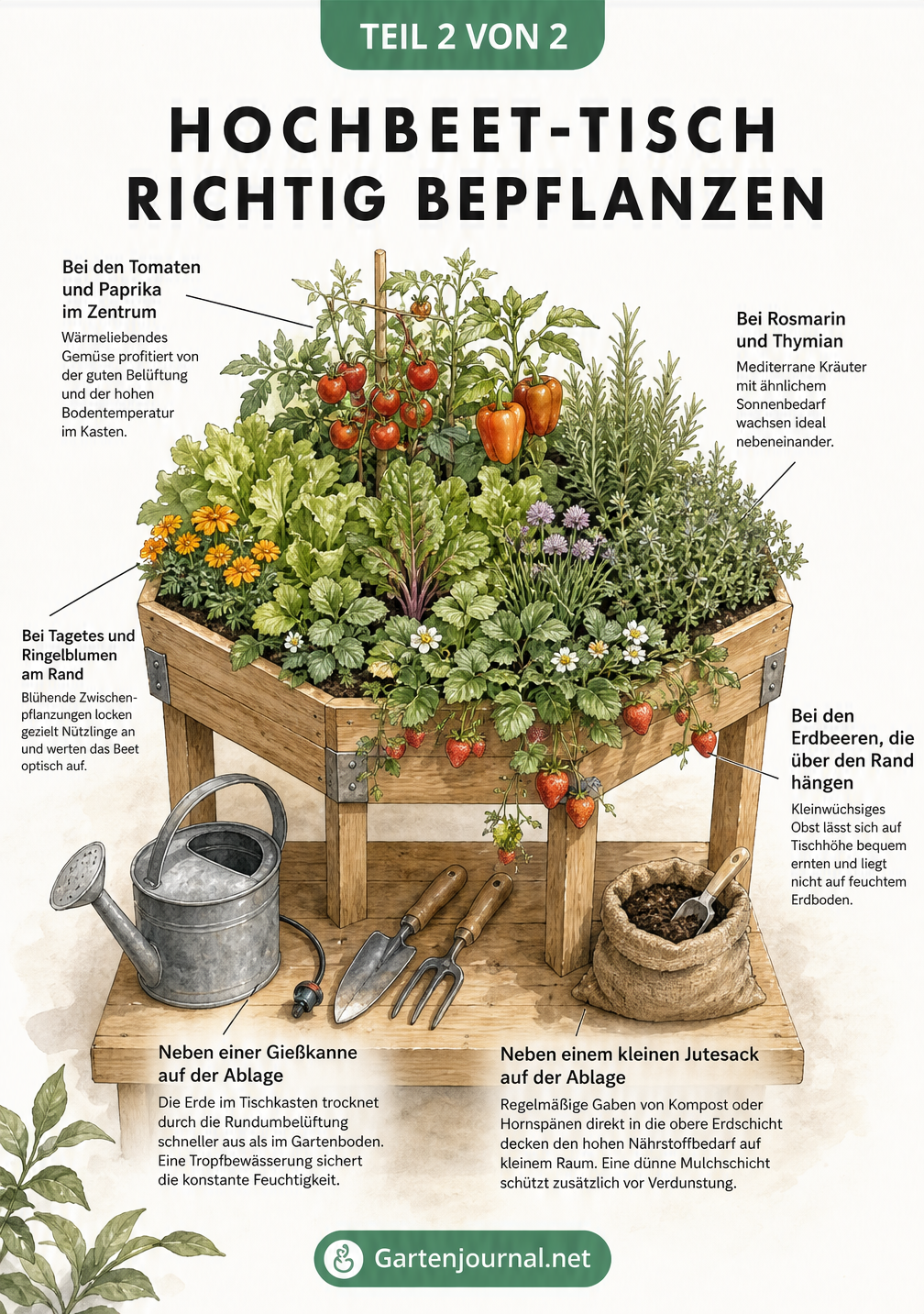 Wimmelbild-Illustration eines bepflanzten Hochbeet-Tisches mit Tomaten, Kräutern und Erdbeeren
