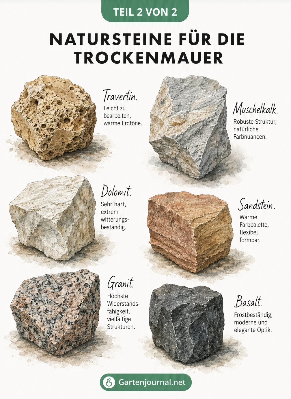 Querschnitt durch ein Trockenmauer-Hochbeet mit Schichtenaufbau und Bepflanzung