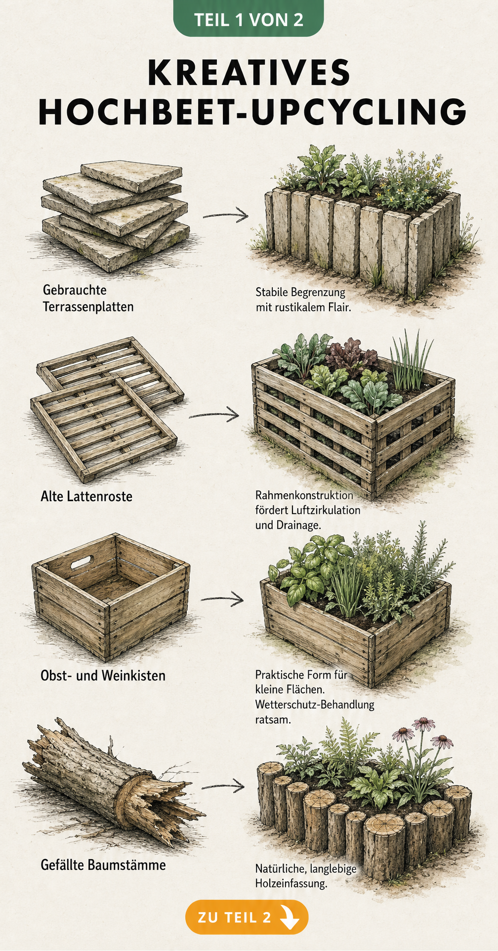 Skizze von vier Upcycling-Ideen für Hochbeete aus Terrassenplatten, Lattenrosten, Obstkisten und Baumstämmen