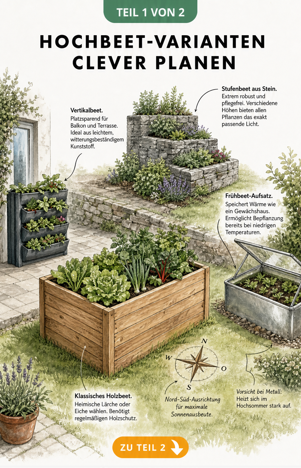 Illustration von vier Hochbeet-Varianten: klassisches Holzbeet, Vertikalbeet, Stufenbeet und Frühbeet in einem Garten