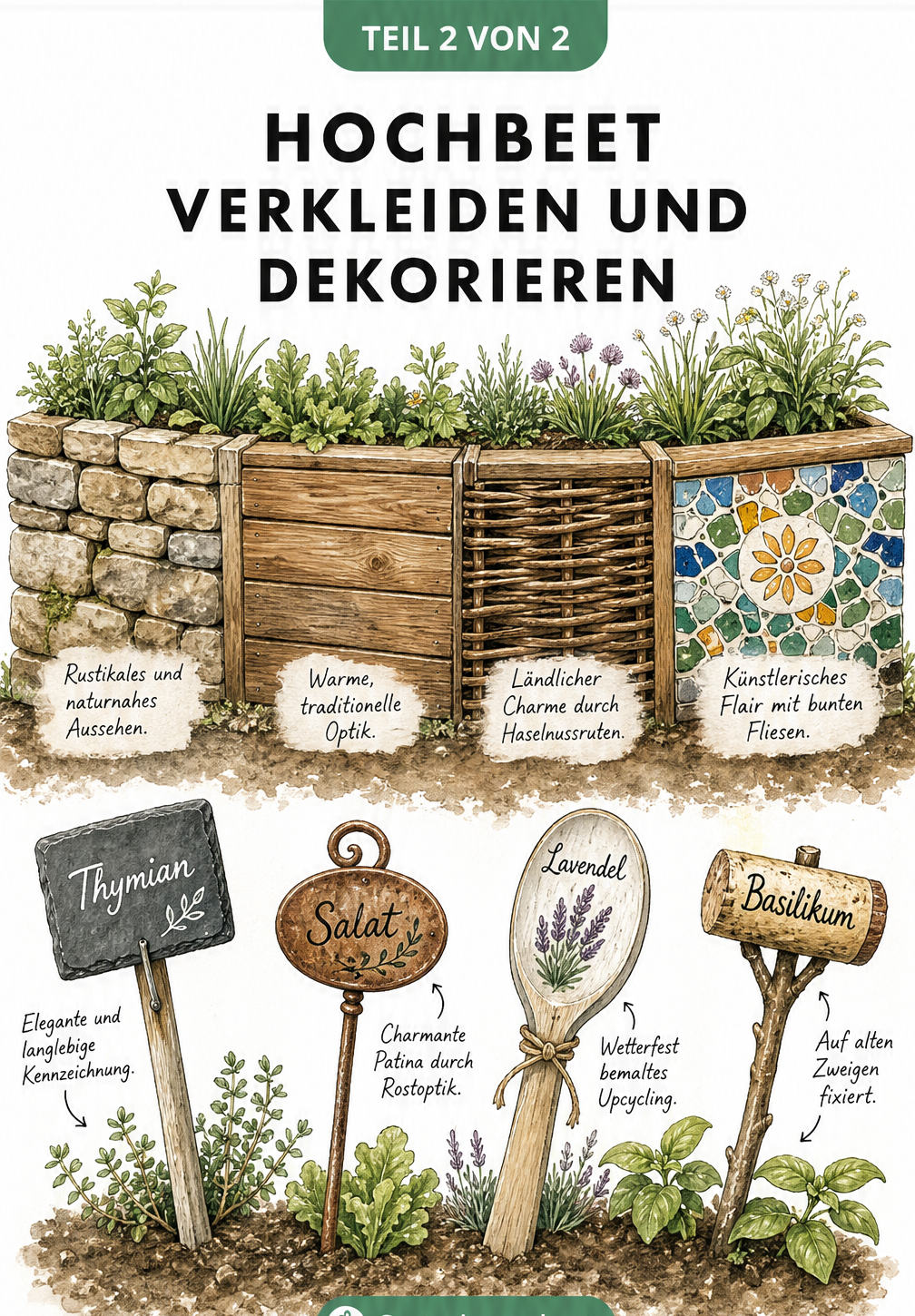 Illustration verschiedener Materialien zur Hochbeet-Verkleidung wie Naturstein, Holz, Weide und Mosaik sowie dekorativer Pflanzenstecker.