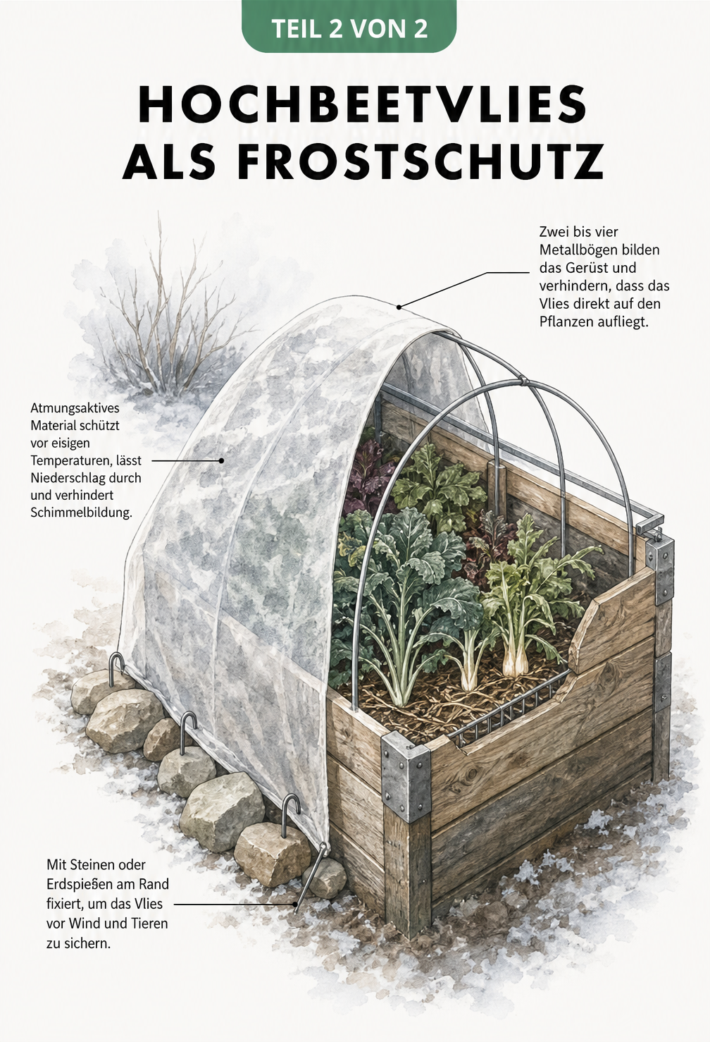 Hochbeet im Winter mit Metallbögen und Frostschutzvlies