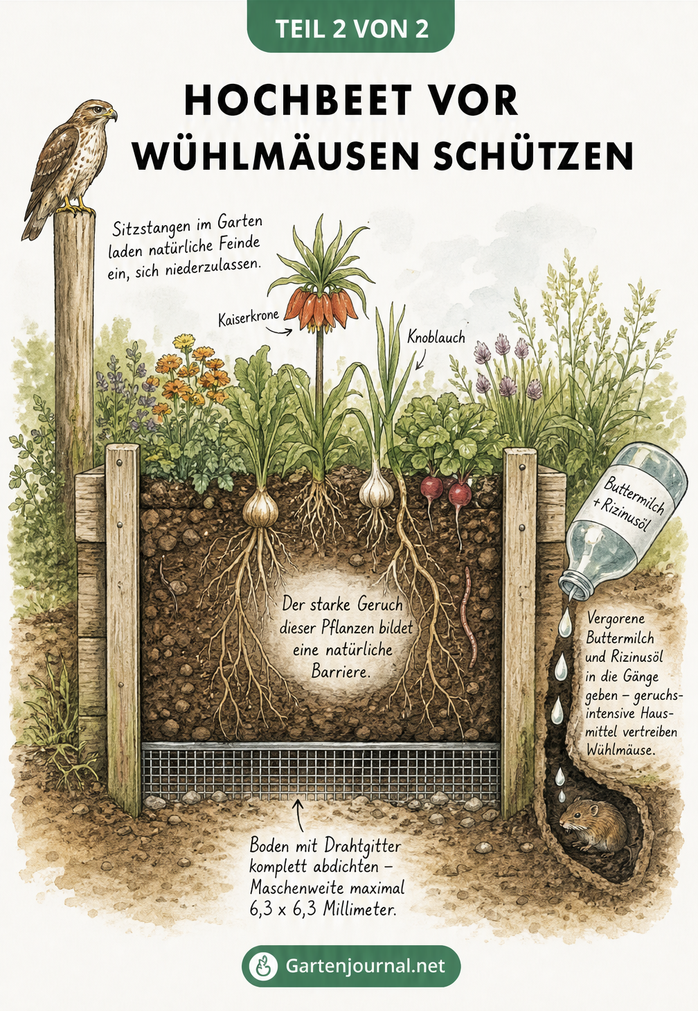 Querschnitt eines Hochbeets mit Wühlmausgitter, Abwehrpflanzen wie Knoblauch und Hausmitteln gegen Wühlmäuse