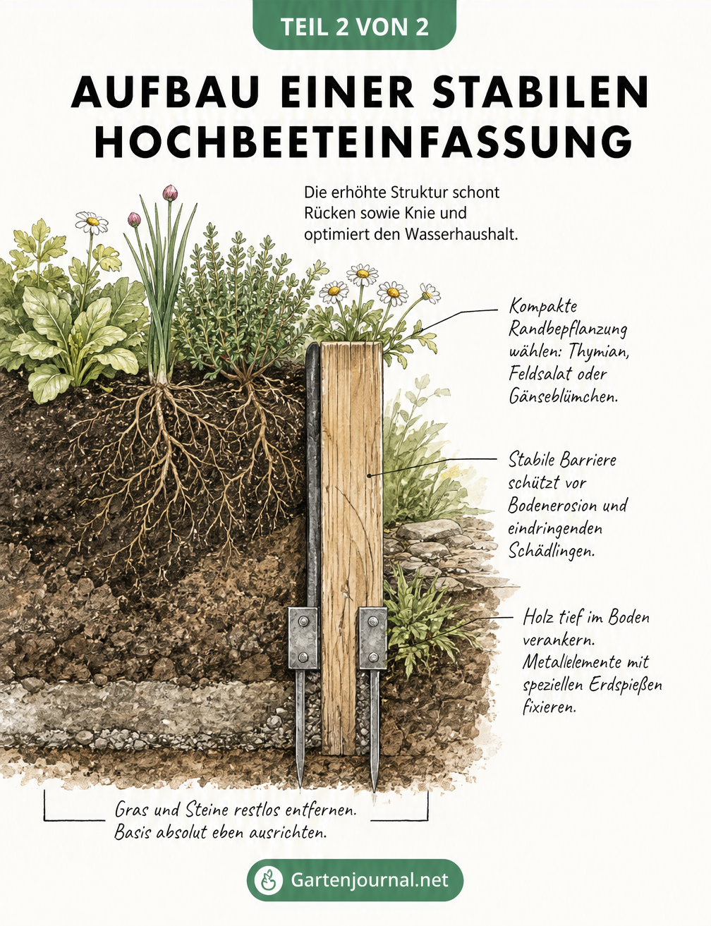 Querschnitt einer Hochbeetkante mit Erdschichten, Verankerung und Randbepflanzung