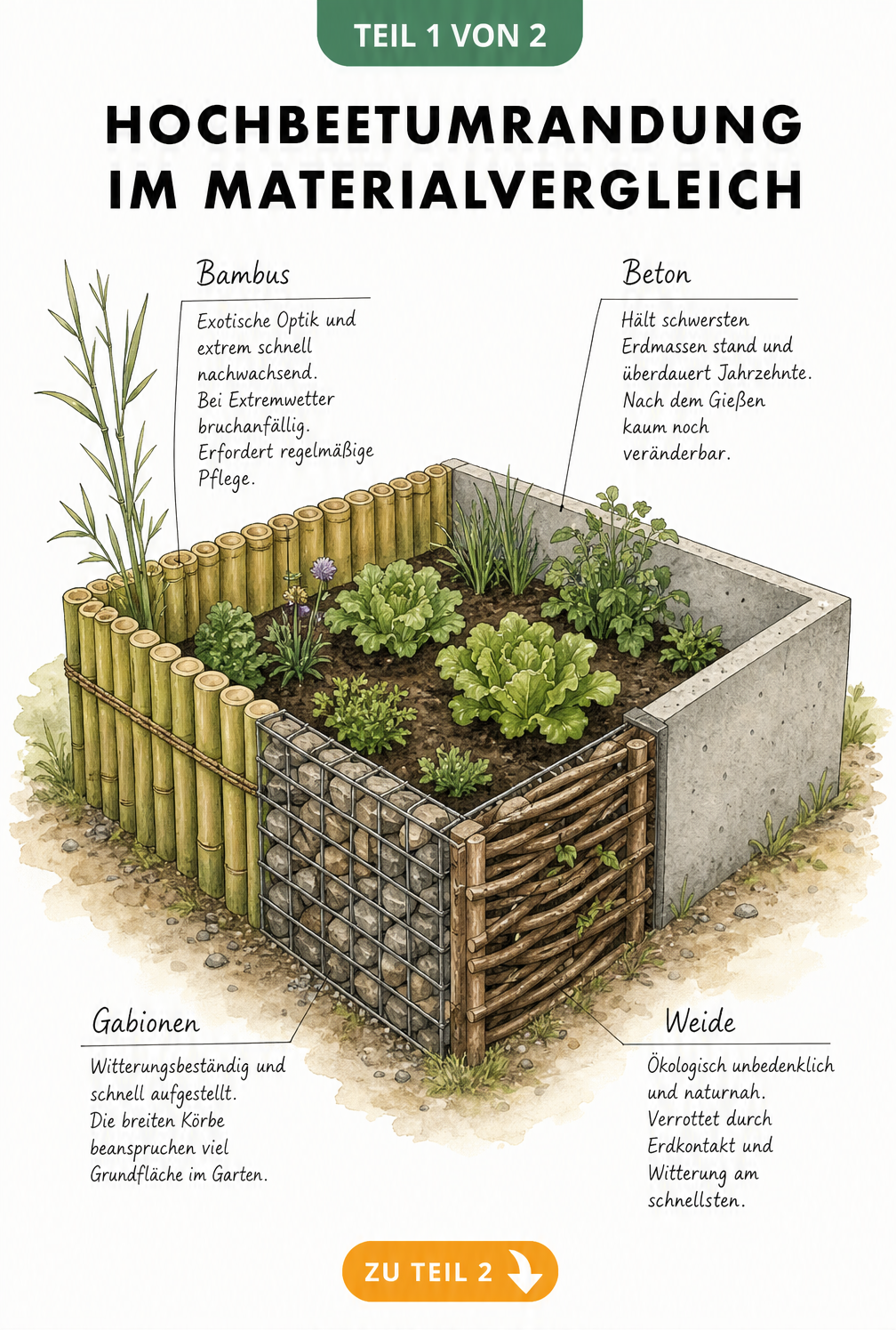 Illustration verschiedener Materialien für Hochbeetumrandungen wie Bambus, Beton, Gabionen und Weide