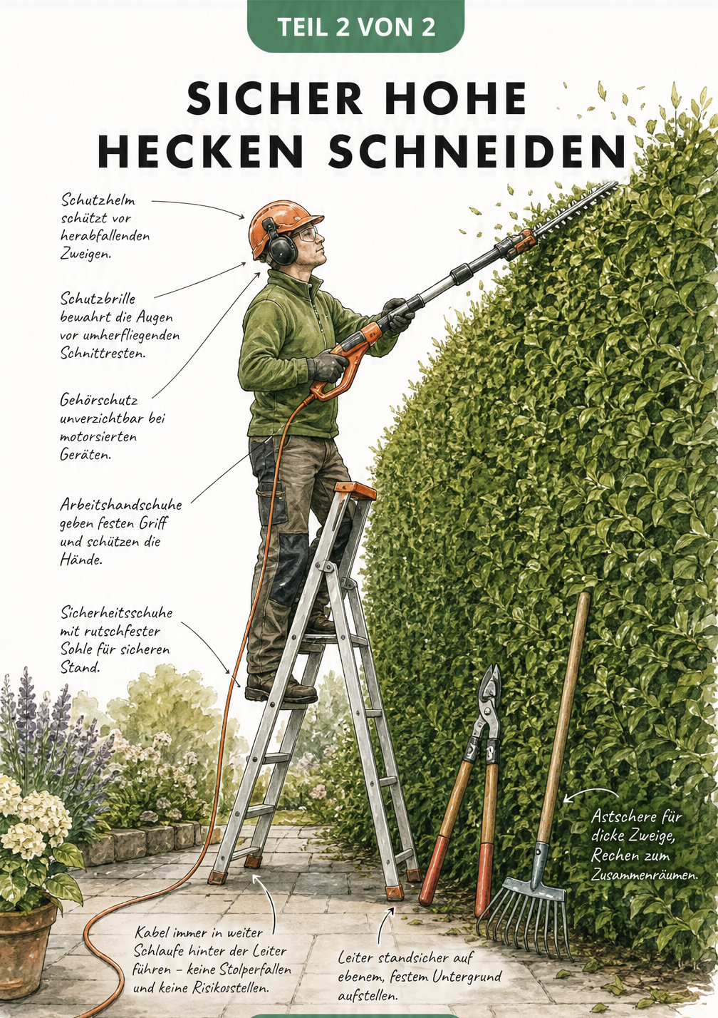 Querschnitt-Zeichnung einer hohen Hecke mit trapezförmigem Schnitt, Richtschnur und Lichteinfall