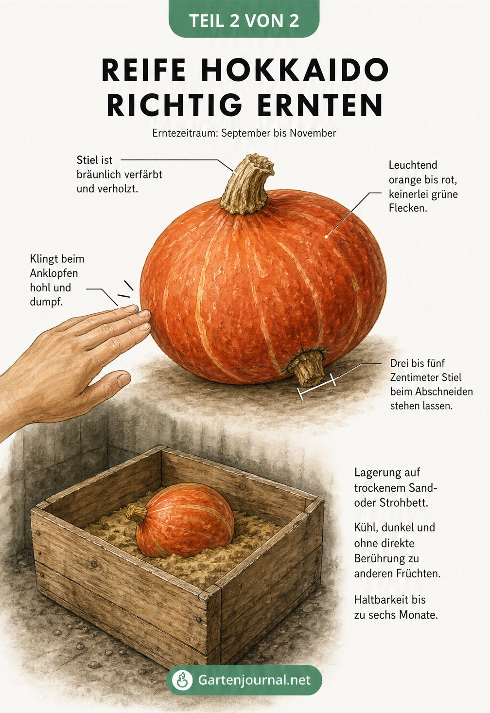 Illustration eines reifen Hokkaido-Kürbisses mit Hinweisen zu Farbe, Stiel und Klopftest sowie einer Holzkiste zur Lagerung