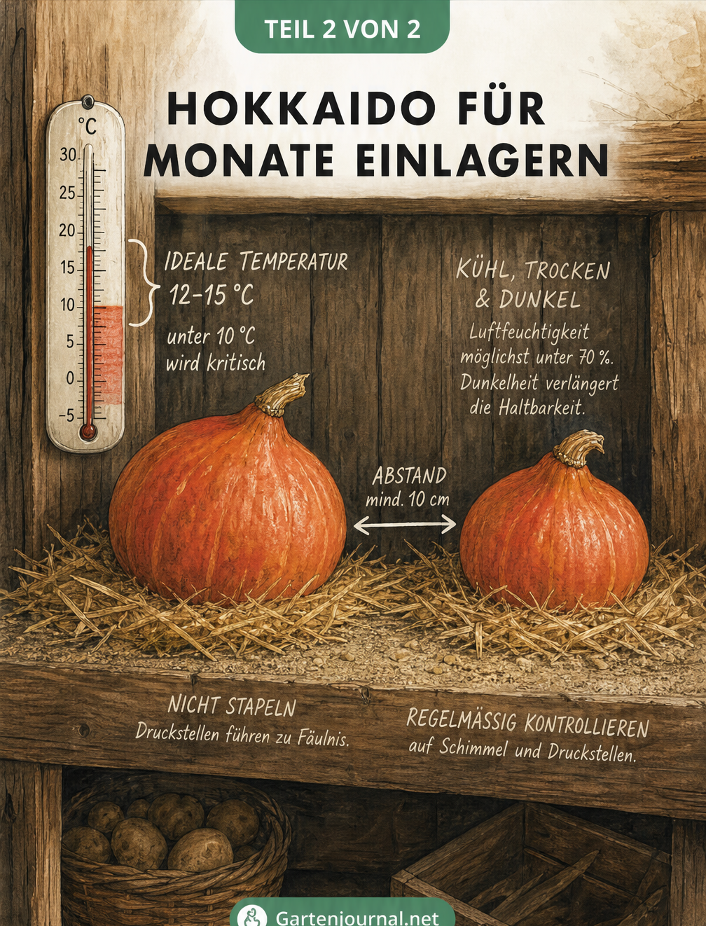 Querschnitt eines Holzregals in einer Speisekammer mit zwei Hokkaido-Kürbissen auf Stroh und Sand, inklusive Thermometer und Hinweisen zur optimalen...