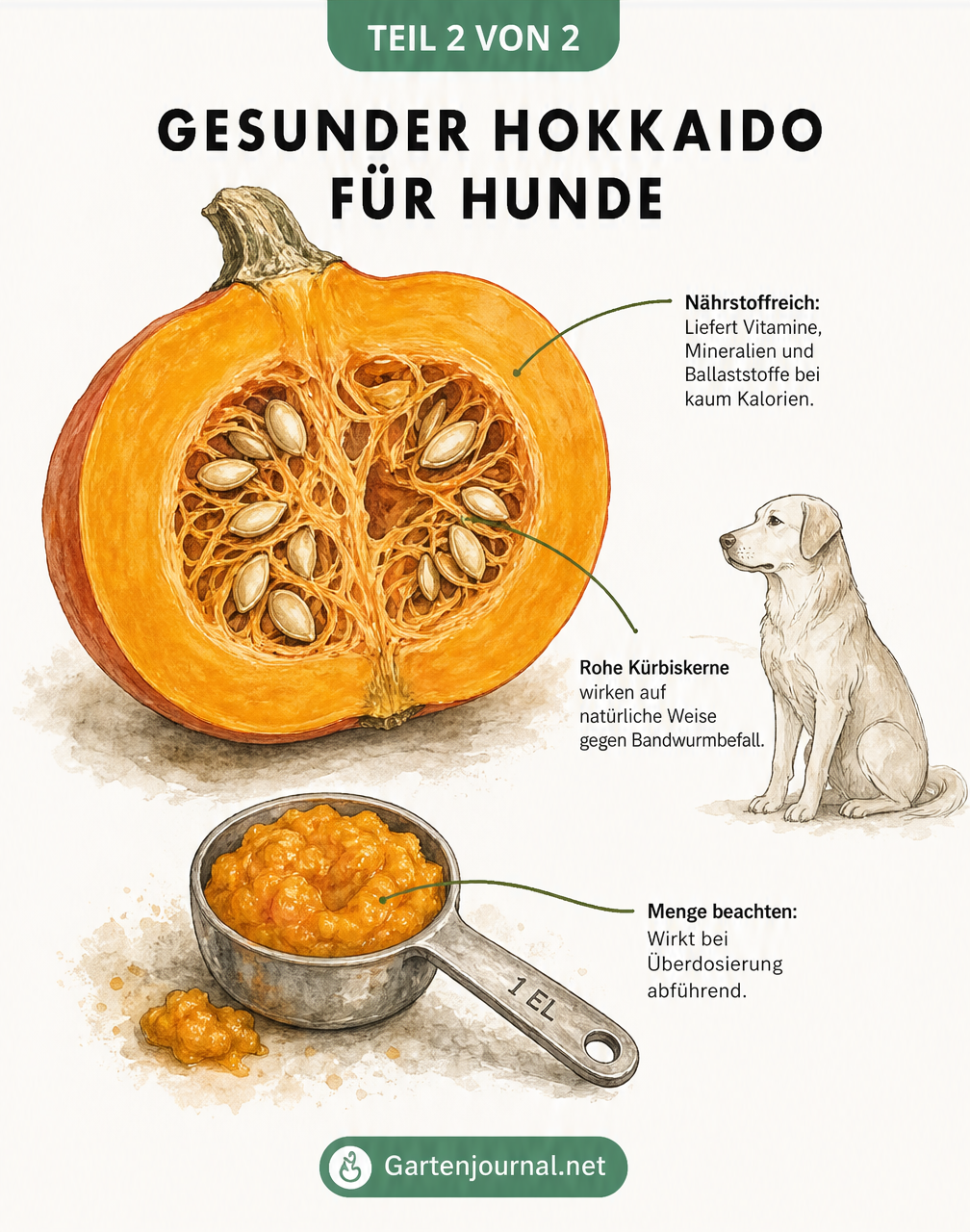 Querschnitt eines Hokkaido-Kürbisses mit Fokus auf die Kerne und Nährstoffe für Hunde