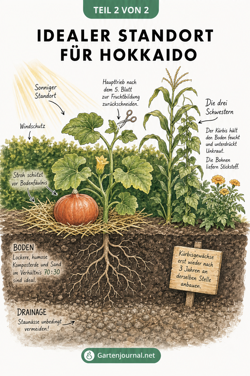 Querschnitt eines Gartenbeets mit einer Hokkaido-Pflanze, Bodenaufbau, Strohunterlage und Mischkultur mit Mais und Bohnen