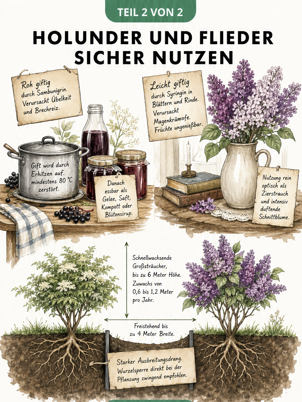 Illustration zur Nutzung und zum Wuchsverhalten von Holunder und Flieder im Garten