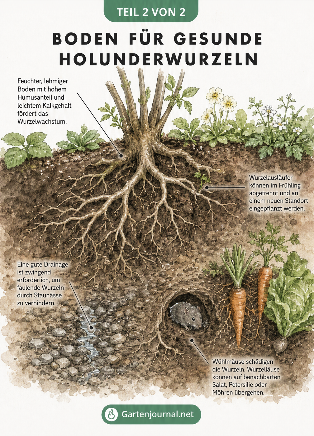 Detaillierte Illustration eines Holunder-Wurzelstocks im Erdreich mit verschiedenen Erdschichten und Begleitpflanzen