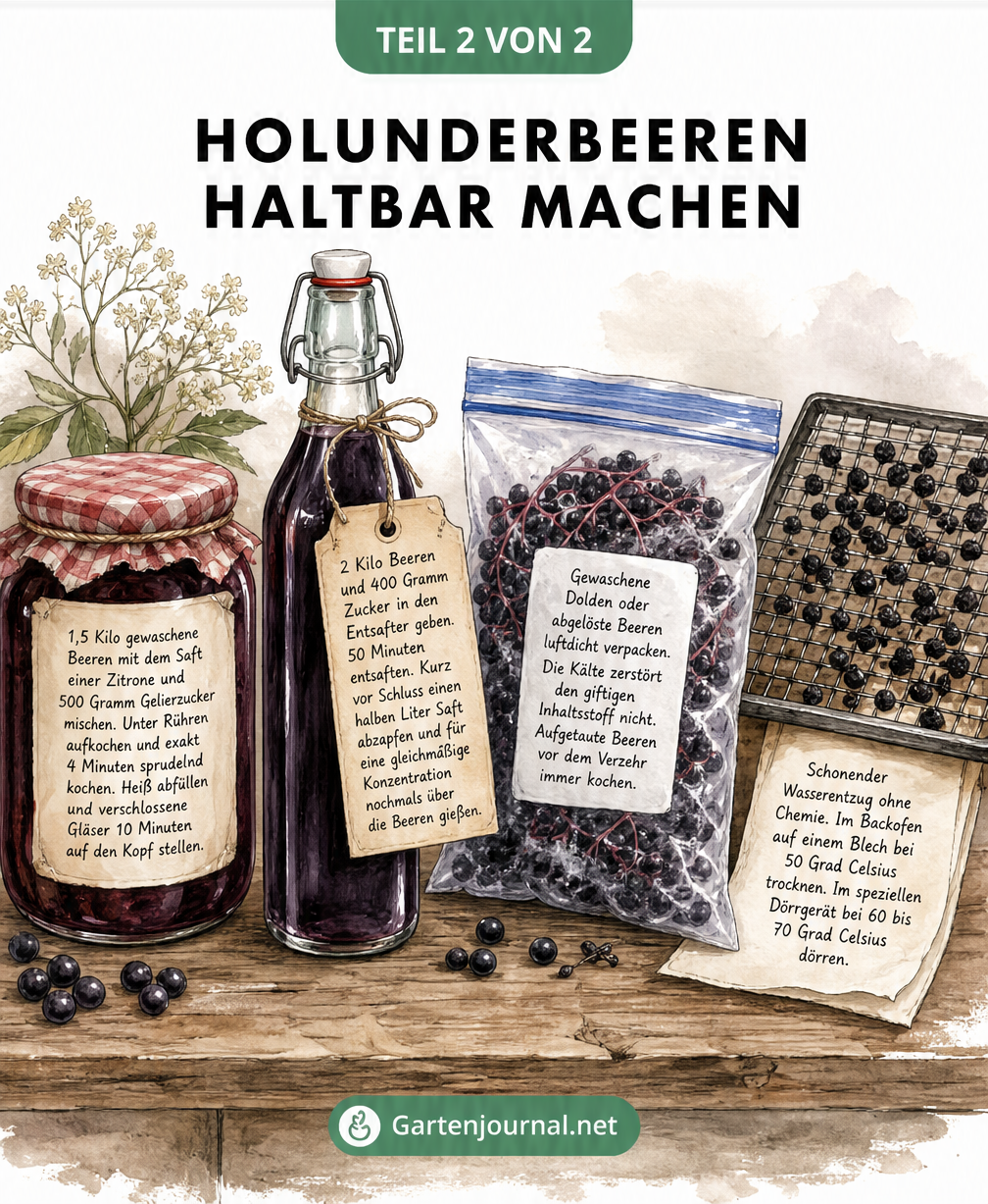 Illustration verschiedener Konservierungsmethoden für Holunderbeeren: Marmelade, Saft, Einfrieren und Trocknen