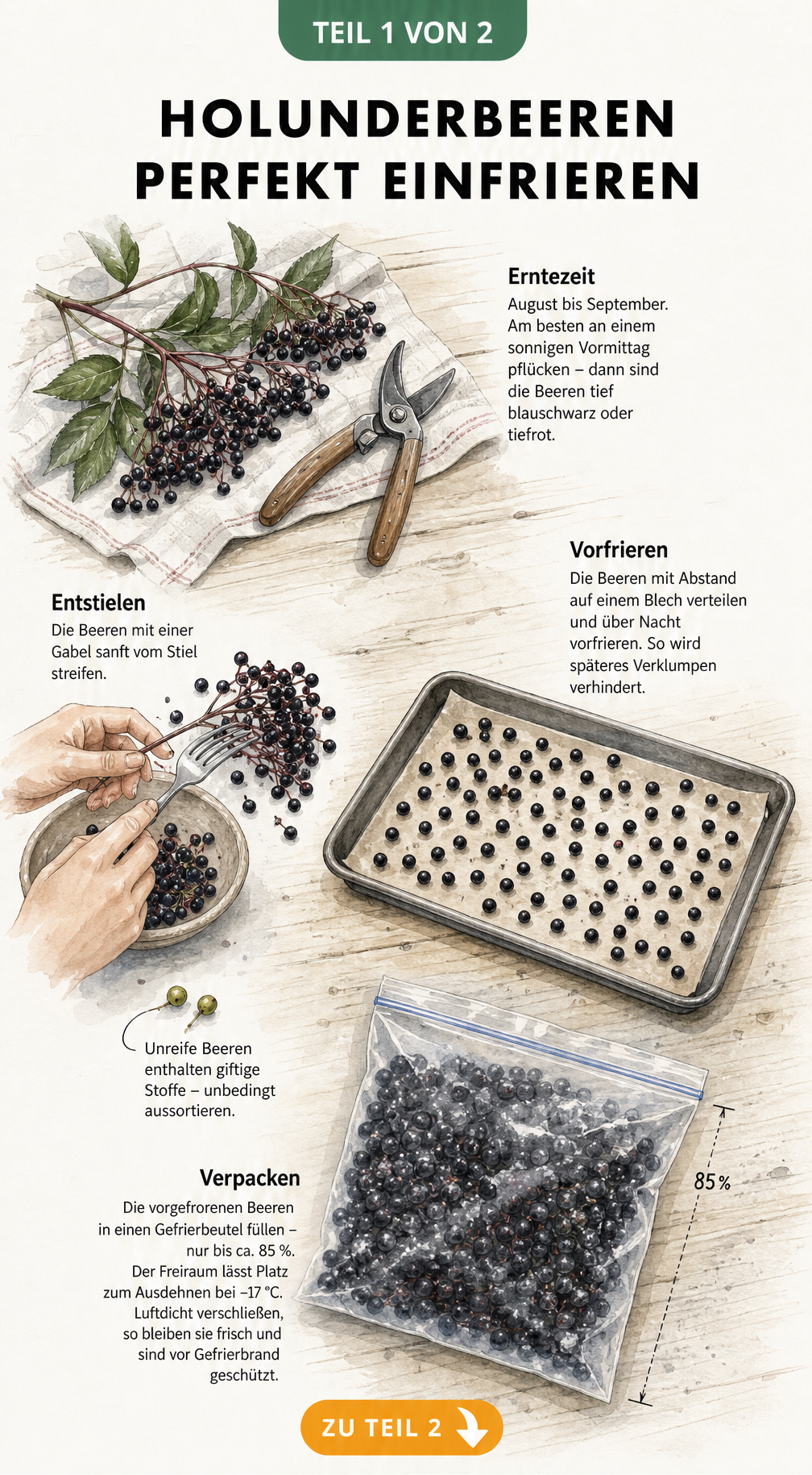 Illustration der Vorbereitung von Holunderbeeren zum Einfrieren: Ernte, Entstielen mit einer Gabel, Aussortieren unreifer Beeren, Vorfrieren auf einem Blech...