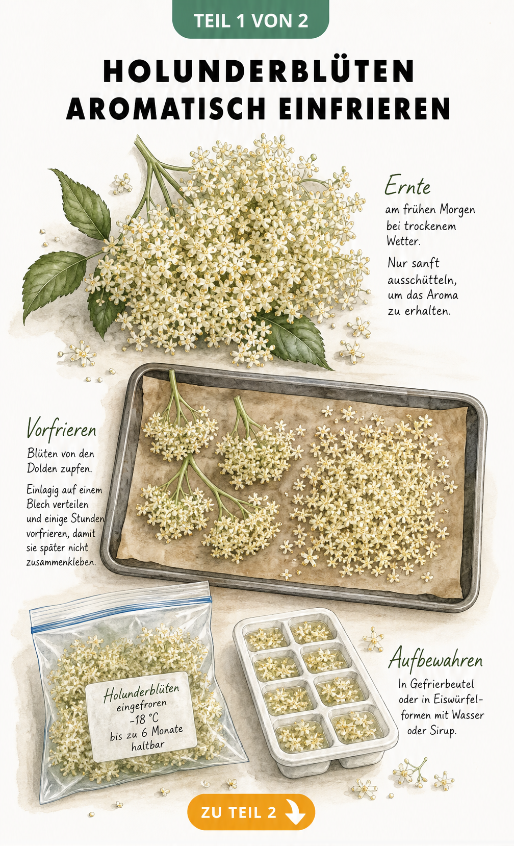 Illustration von Holunderblüten auf einem Backblech, in einem Gefrierbeutel und in einer Eiswürfelform zur Vorbereitung für das Einfrieren