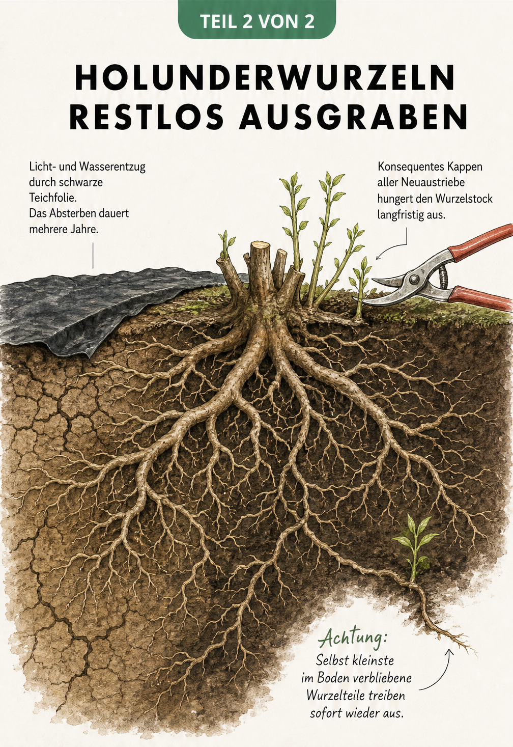 Querschnitt durch das Erdreich mit Holunderwurzeln, die durch schwarze Folie abgedeckt oder deren Neuaustriebe gekappt werden