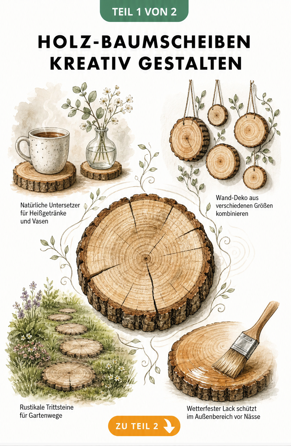 Aquarell-Zeichnung einer Holz-Baumscheibe mit vier Miniatur-Szenen zur kreativen Gestaltung im Haus und Garten
