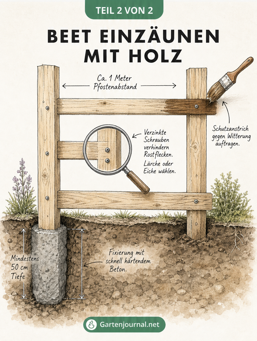 Risszeichnung eines Holzzauns im Bau mit Maßangaben für Pfostentiefe, Pfostenabstand und Verschraubung