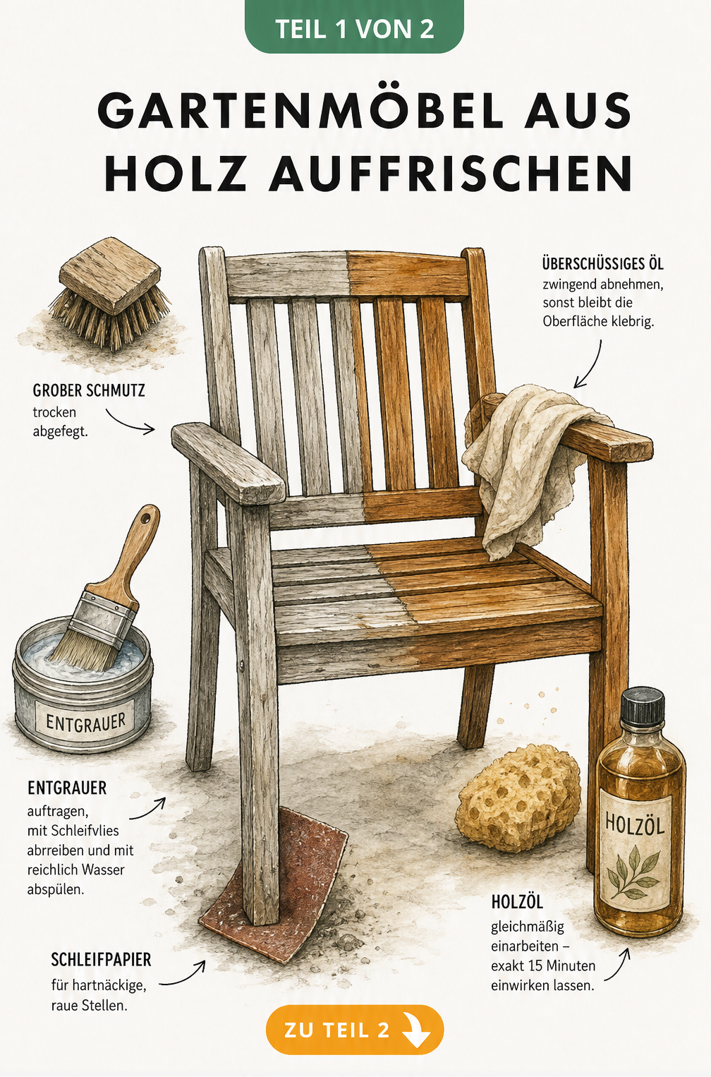 Illustration eines Holz-Gartenstuhls, der zur Hälfte vergraut und zur Hälfte braun geölt ist, mit Werkzeugen zur Holzpflege