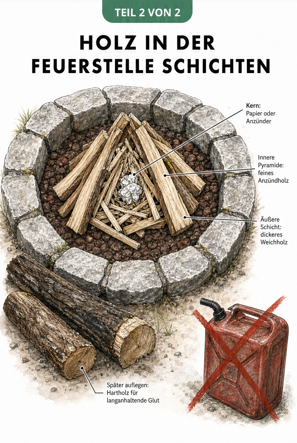 Illustration zum richtigen Schichten von Holz in einer Feuerstelle mit Papier, Anzündholz und Weichholz in Pyramidenform
