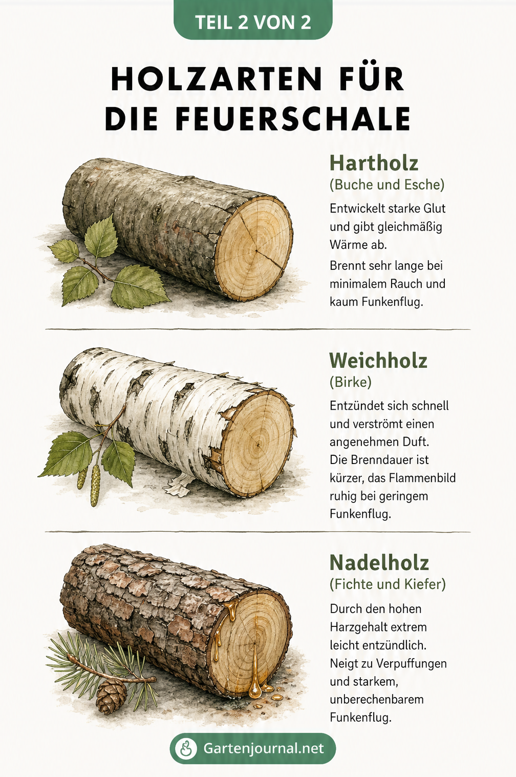 Skizze von drei Methoden zum Holzschichten in der Feuerschale: Klassische Pyramide, Geordnete Blockschichtung und Jenga-Methode