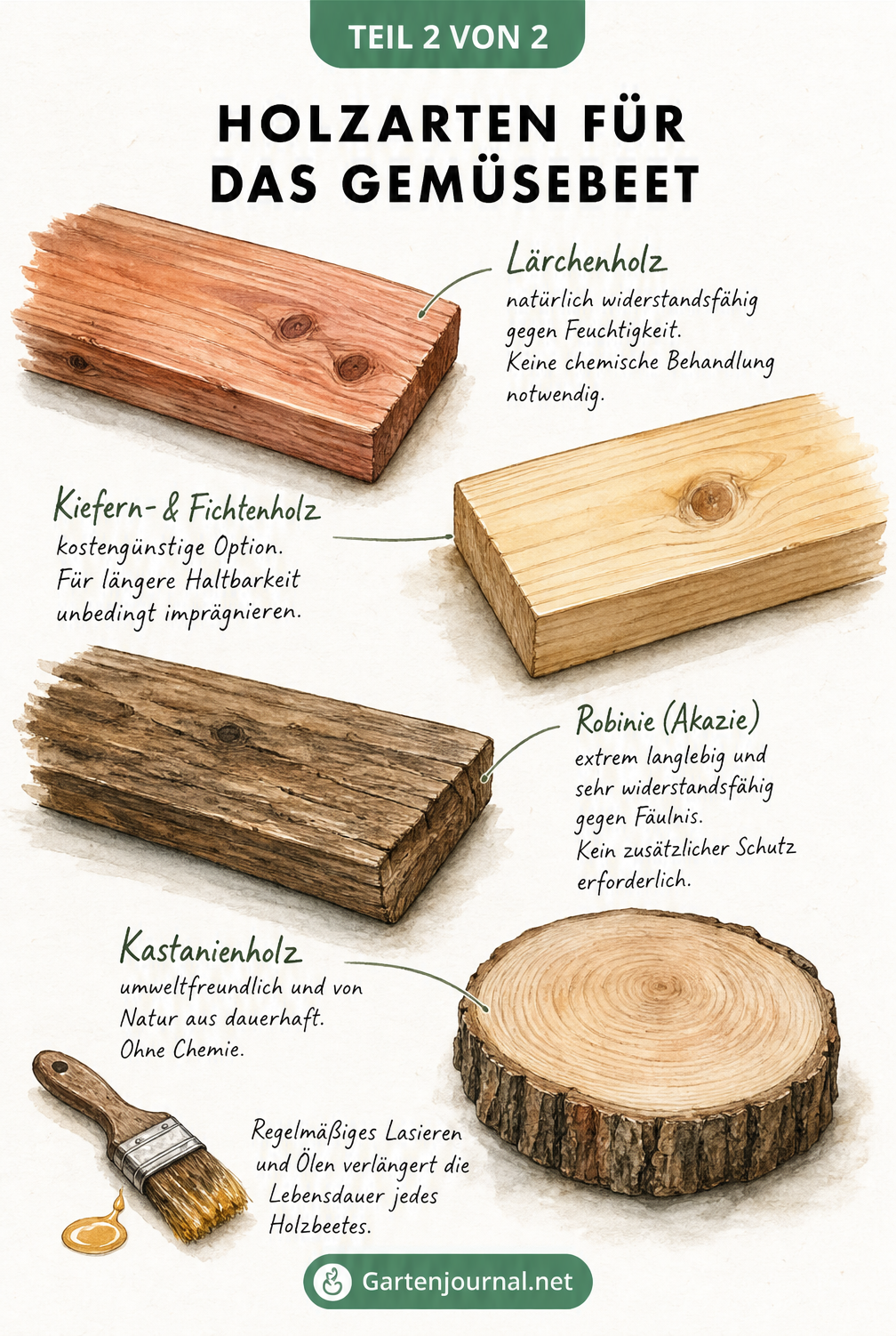 Illustration verschiedener Holzarten für Gemüsebeete wie Lärche, Kiefer, Robinie und Kastanie mit Hinweisen zur Haltbarkeit