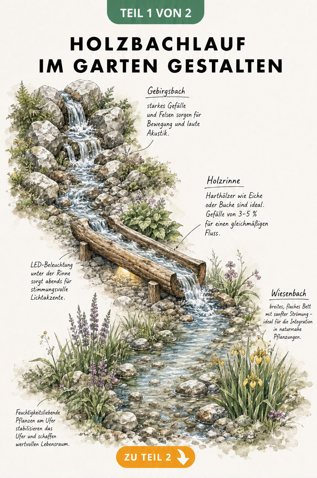 Illustration eines Holzbachlaufs im Garten mit Gebirgsbach, Holzrinne und Wiesenbach