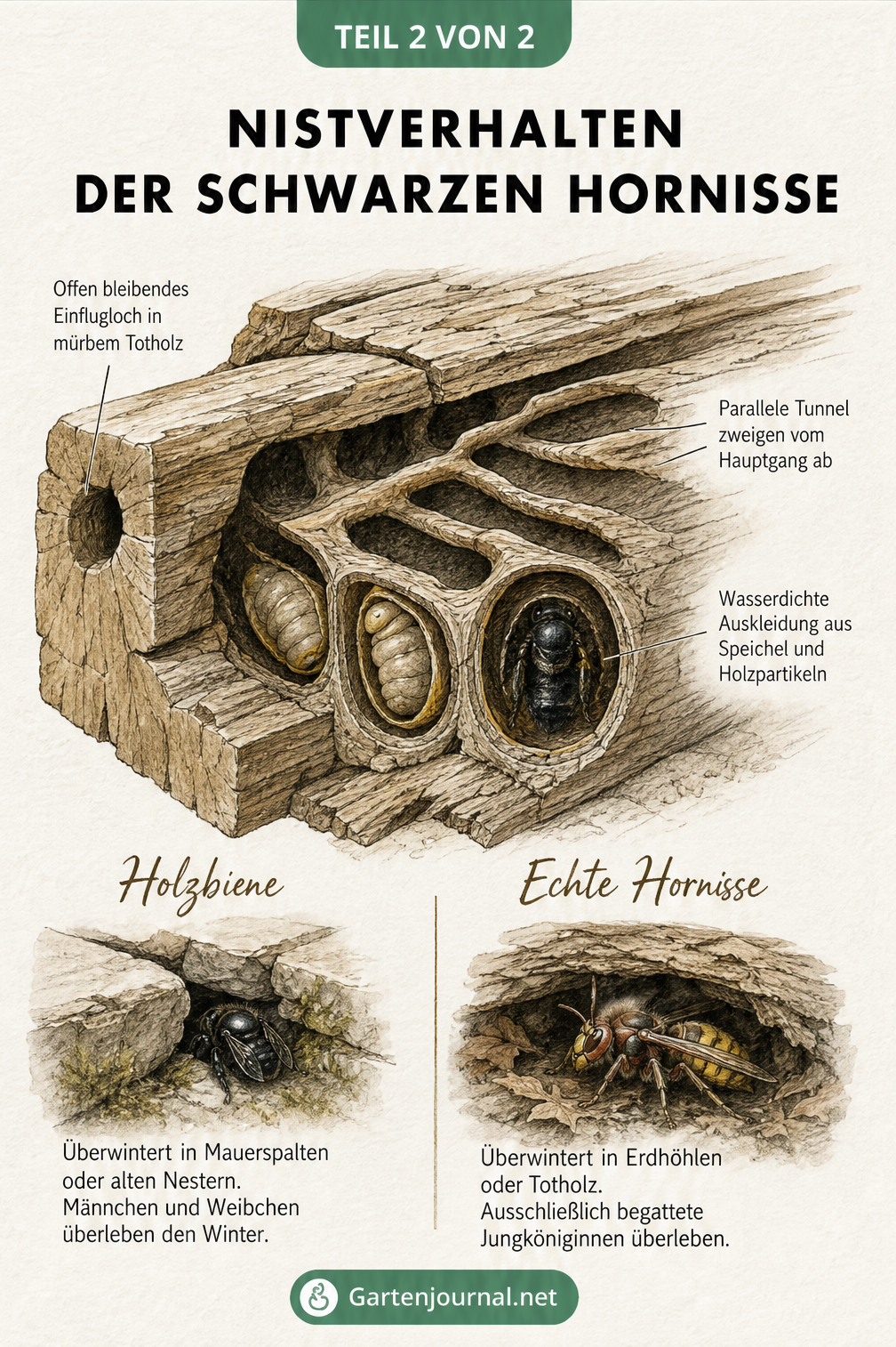 Querschnitt eines Holzbalkens mit den Fraßgängen und Brutzellen der Holzbiene sowie einem Vergleich des Überwinterungsverhaltens von Holzbiene und Hornisse.