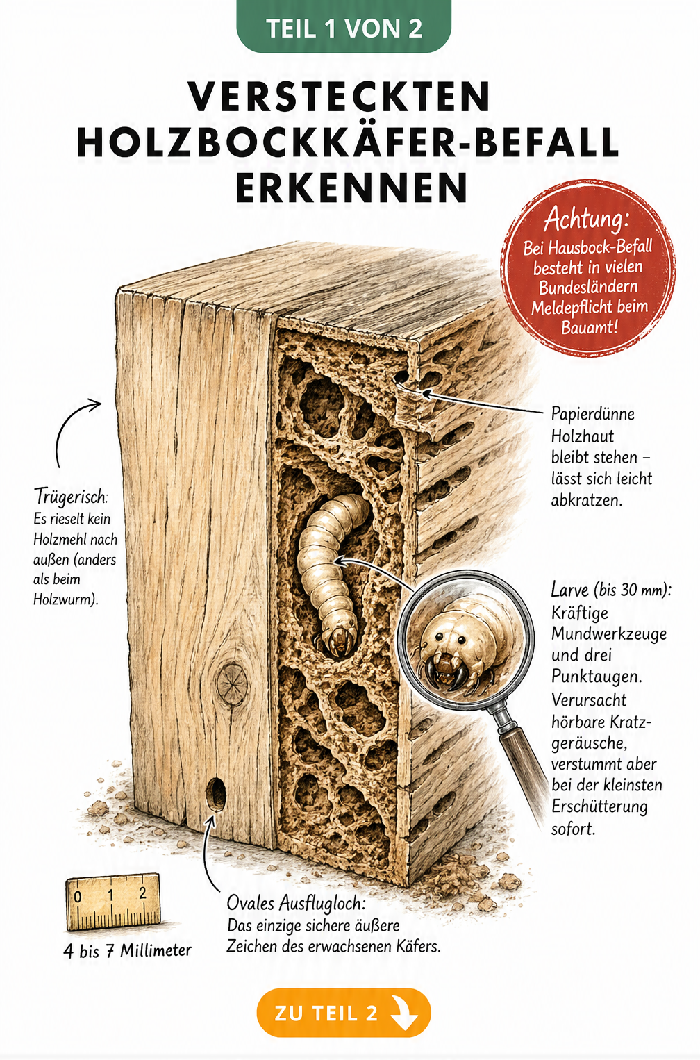 Querschnitt eines Holzbalkens mit Fraßgängen, Larve und Ausflugloch des Holzbockkäfers