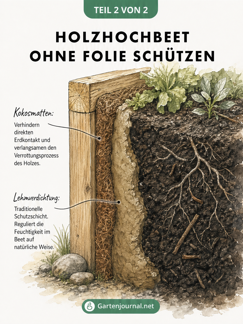 Detaillierte Schnittzeichnung einer Holzhochbeet-Wand mit Kokosmatten und Lehmverdichtung als natürlicher Schutzschicht