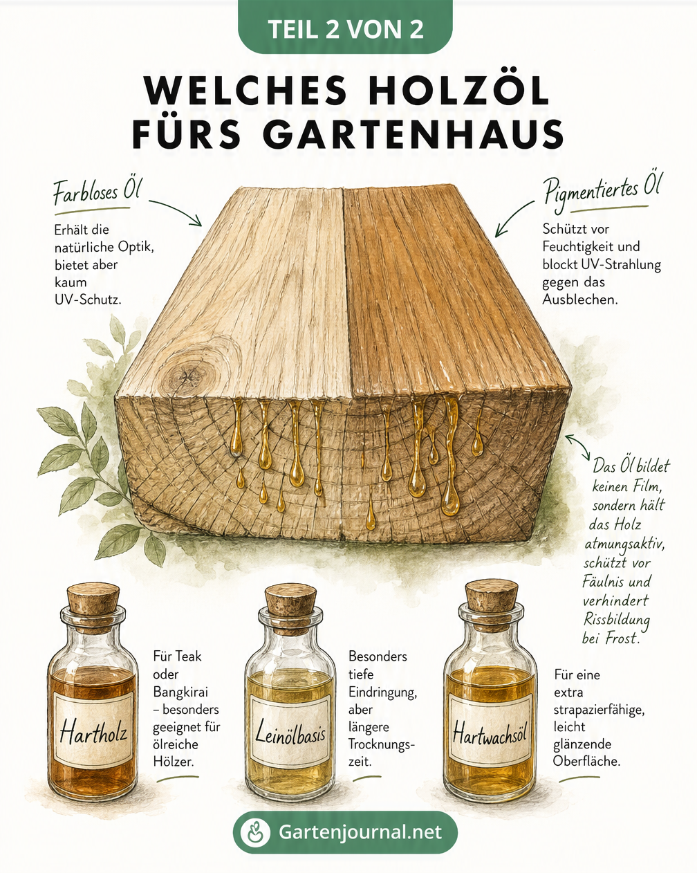 Illustration verschiedener Holzöle für das Gartenhaus und deren Eindringen in die Holzfasern