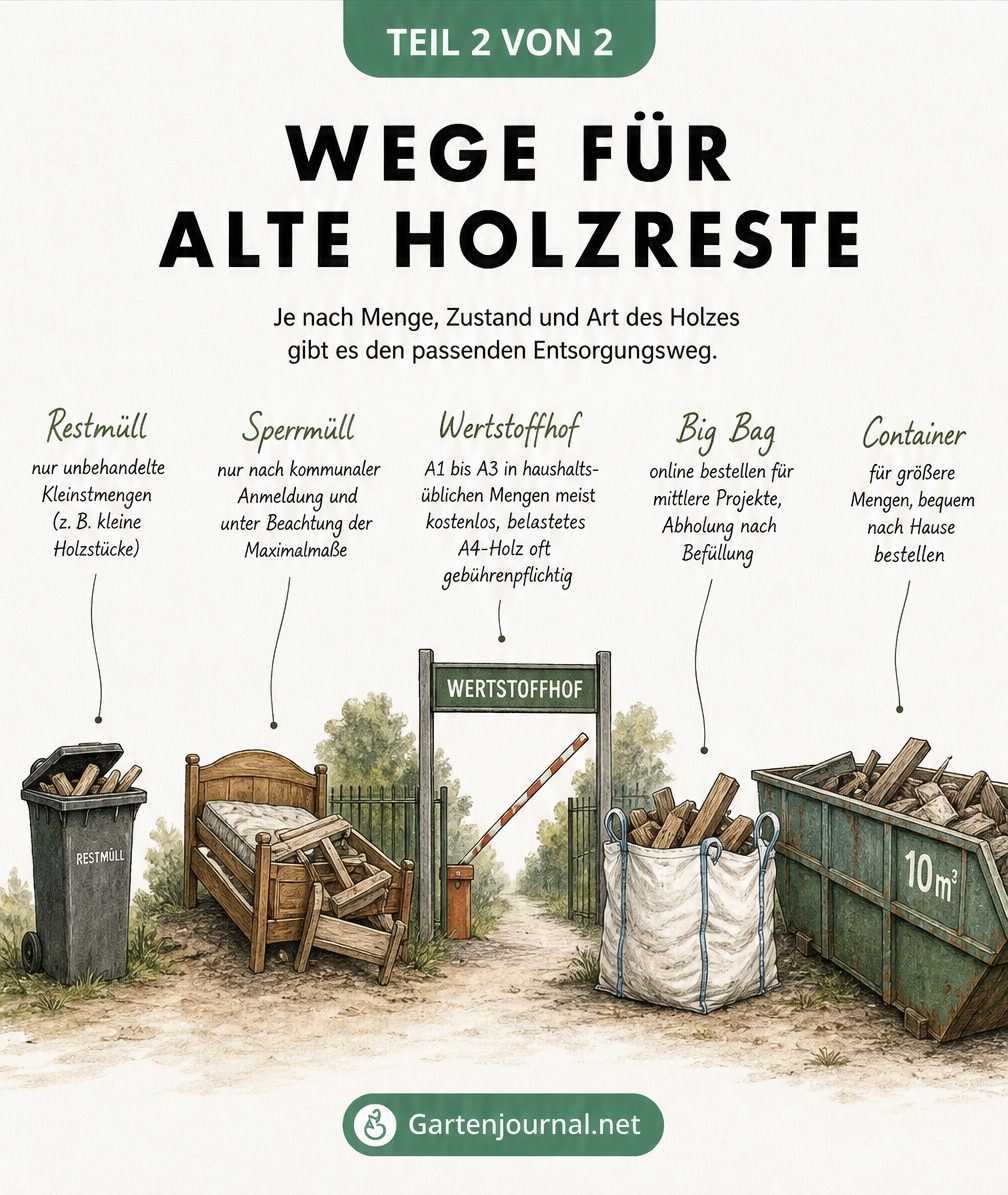 Illustration verschiedener Entsorgungswege für Holzreste: Restmülltonne, Sperrmüll, Wertstoffhof, Big Bag und Stahlcontainer