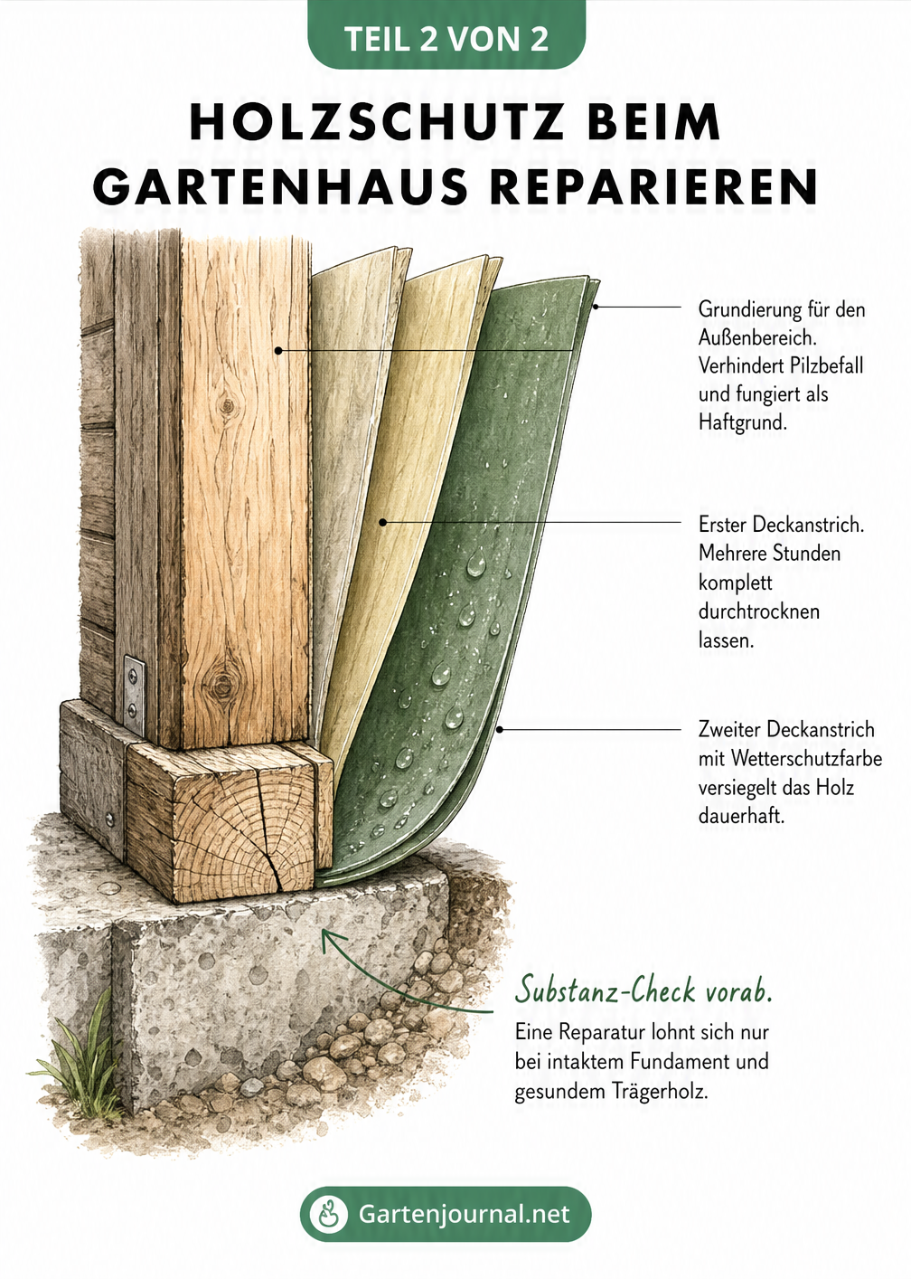 Detaillierter Querschnitt einer Gartenhauswand, der die Schichten von rohem Holz über Grundierung bis zur Wetterschutzfarbe zeigt